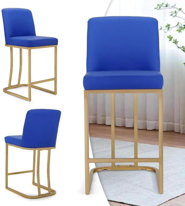 Alt view image 5 of 7 - Bar Stools Set of 2, PU Leather Upholstered Counter Height Stools, Modern Barstools with Back and Golden Metal Frame for Kitchen Island Dining Room, Navy Blue