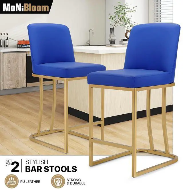 Alt view image 4 of 7 - Bar Stools Set of 2, PU Leather Upholstered Counter Height Stools, Modern Barstools with Back and Golden Metal Frame for Kitchen Island Dining Room, Navy Blue