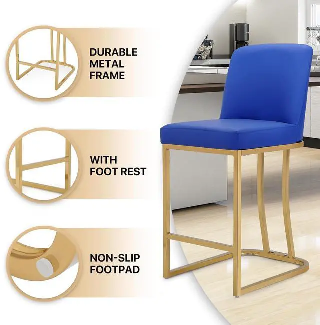 Alt view image 6 of 7 - Bar Stools Set of 2, PU Leather Upholstered Counter Height Stools, Modern Barstools with Back and Golden Metal Frame for Kitchen Island Dining Room, Navy Blue