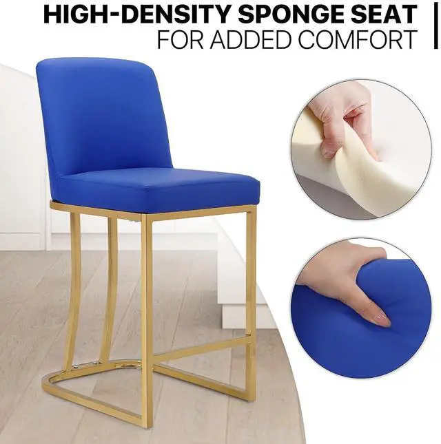 Alt view image 7 of 7 - Bar Stools Set of 2, PU Leather Upholstered Counter Height Stools, Modern Barstools with Back and Golden Metal Frame for Kitchen Island Dining Room, Navy Blue
