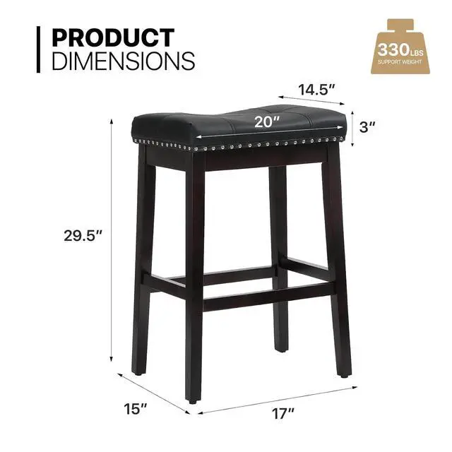 Alt view image 2 of 7 - Bar Stools Set of 2, 29.5" PU Leather Counter Height Stools with Footrest, Nailed Backless Saddle Barstools for Kitchen, Dining Room, Café, Black Frame, Black Seat