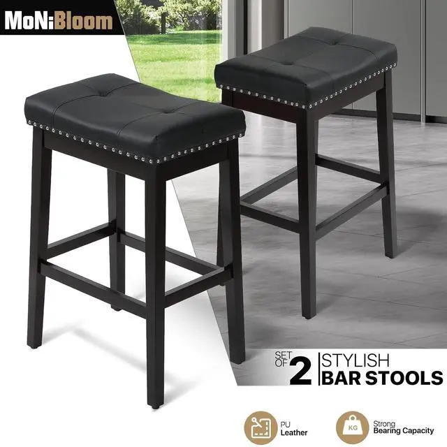 Alt view image 4 of 7 - Bar Stools Set of 2, 29.5" PU Leather Counter Height Stools with Footrest, Nailed Backless Saddle Barstools for Kitchen, Dining Room, Café, Black Frame, Black Seat