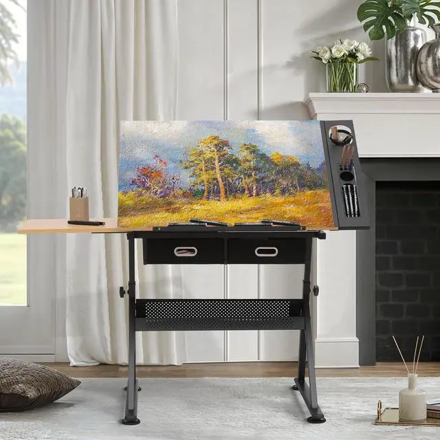 Alt view image 2 of 7 - Adjustable Drafting Table & Stool Set with Storage, Versatile Art Desk and Craft Center Home Study Room Artist Desk