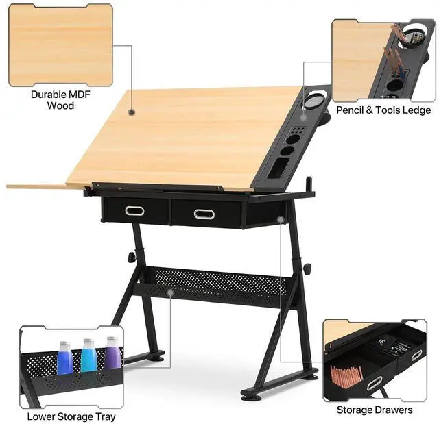 Alt view image 4 of 7 - Adjustable Drafting Table & Stool Set with Storage, Versatile Art Desk and Craft Center Home Study Room Artist Desk