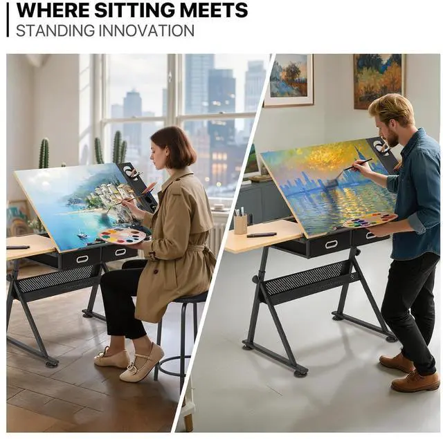 Alt view image 6 of 7 - Adjustable Drafting Table & Stool Set with Storage, Versatile Art Desk and Craft Center Home Study Room Artist Desk