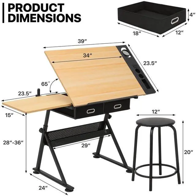 Alt view image 3 of 7 - Adjustable Drafting Table & Stool Set with Storage, Versatile Art Desk and Craft Center Home Study Room Artist Desk