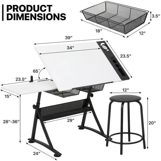 Alt view image 3 of 7 - Art Deco Drafting Table, Height-Adjustable, Tiltable Tabletop, Stool for Reading Writing Painting, Homeschooling Desk for Children with 2 Storage Drawers