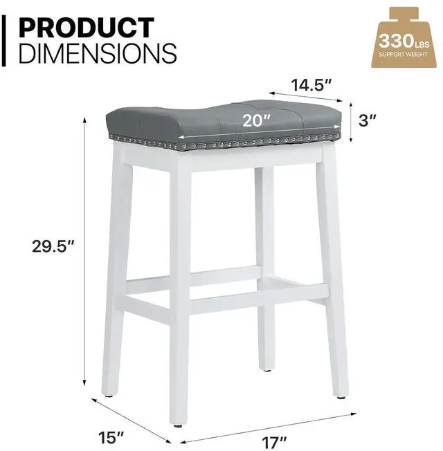Alt view image 2 of 7 - Bar Stools Set of 2, 29.5" PU Leather Counter Height Stools with Footrest, Nailed Backless Saddle Barstools for Kitchen, Dining Room, Café, Black Frame, Black Seat