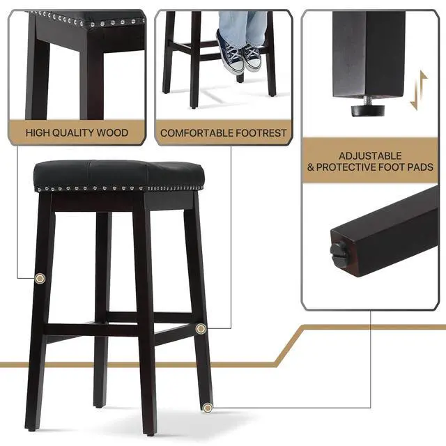 Alt view image 5 of 7 - Bar Stools Set of 2, 29.5" PU Leather Counter Height Stools with Footrest, Nailed Backless Saddle Barstools for Kitchen, Dining Room, Café, Black Frame, Black Seat