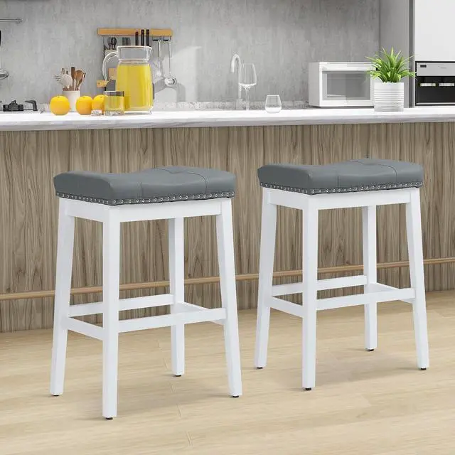 Main image of Bar Stools Set of 2, 29.5" PU Leather Counter Height Stools with Footrest, Nailed Backless Saddle Barstools for Kitchen, Dining Room, Café, Black Frame, Black Seat
