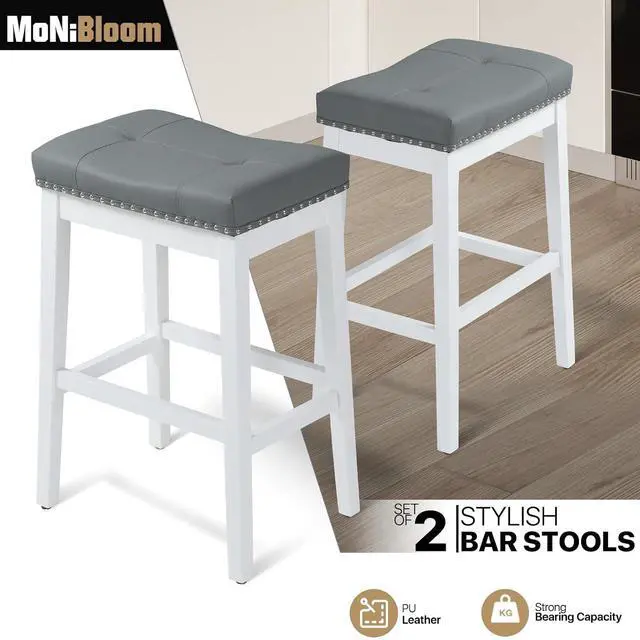 Alt view image 4 of 7 - Bar Stools Set of 2, 29.5" PU Leather Counter Height Stools with Footrest, Nailed Backless Saddle Barstools for Kitchen, Dining Room, Café, Black Frame, Black Seat