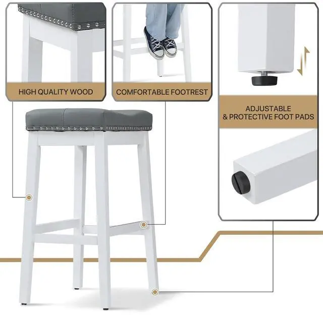 Alt view image 5 of 7 - Bar Stools Set of 2, 29.5" PU Leather Counter Height Stools with Footrest, Nailed Backless Saddle Barstools for Kitchen, Dining Room, Café, Black Frame, Black Seat