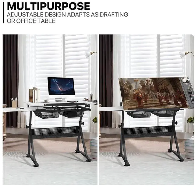 Alt view image 5 of 7 - Art Deco Drafting Table, Height-Adjustable, Tiltable Tabletop, Stool for Reading Writing Painting, Homeschooling Desk for Children with 2 Storage Drawers