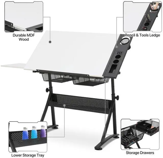 Alt view image 4 of 7 - Art Deco Drafting Table, Height-Adjustable, Tiltable Tabletop, Stool for Reading Writing Painting, Homeschooling Desk for Children with 2 Storage Drawers