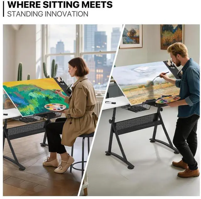 Alt view image 6 of 7 - Art Deco Drafting Table, Height-Adjustable, Tiltable Tabletop, Stool for Reading Writing Painting, Homeschooling Desk for Children with 2 Storage Drawers