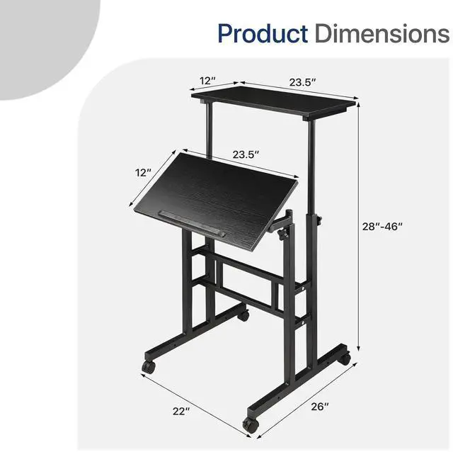 Alt view image 3 of 7 - Height Adjustable Rolling Laptop Stand Table, 28-46 in for Young and Adults, Tiltable Keyboard Tray and Locking Casters for Home and Office