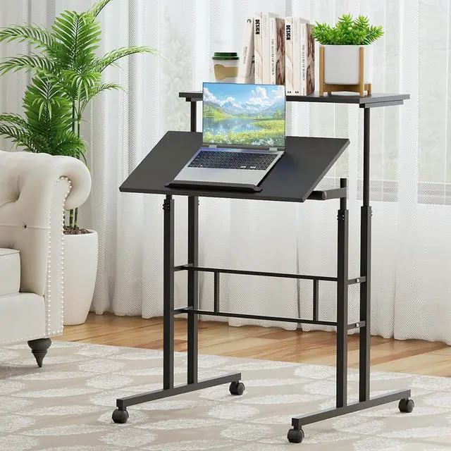 Alt view image 2 of 7 - Height Adjustable Rolling Laptop Stand Table, 28-46 in for Young and Adults, Tiltable Keyboard Tray and Locking Casters for Home and Office