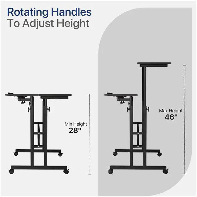 Alt view image 4 of 7 - Height Adjustable Rolling Laptop Stand Table, 28-46 in for Young and Adults, Tiltable Keyboard Tray and Locking Casters for Home and Office