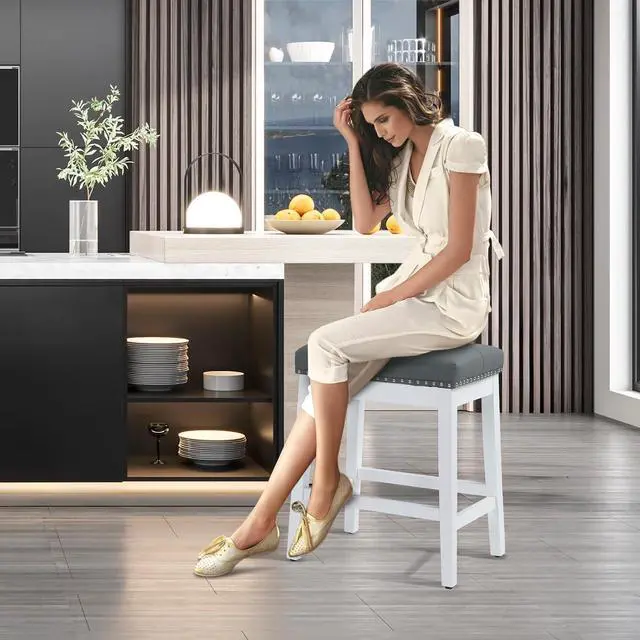 Alt view image 2 of 7 - Bar Stools Set of 2, 25" PU Leather Counter Height Stools with Footrest, Nailed Backless Saddle Barstools for Kitchen, Dining Room, Café, White Frame, Gray Seat