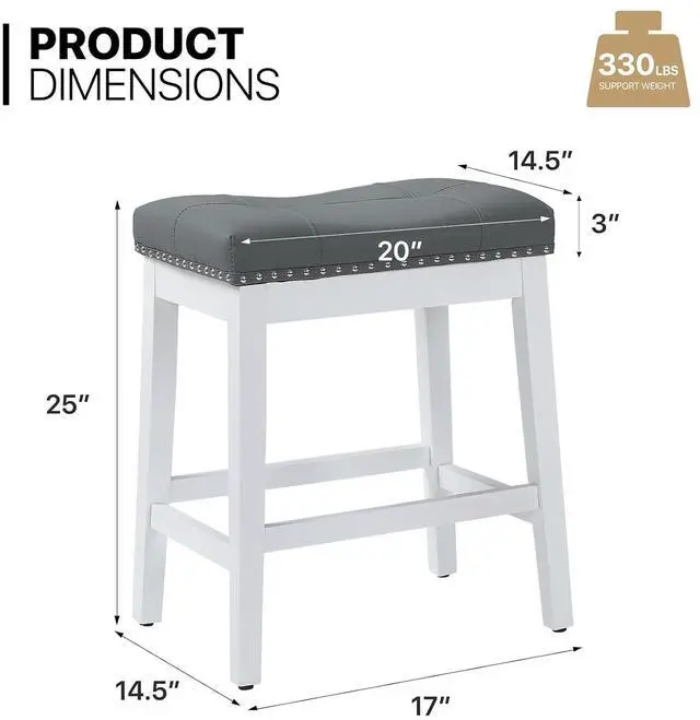 Alt view image 3 of 7 - Bar Stools Set of 2, 25" PU Leather Counter Height Stools with Footrest, Nailed Backless Saddle Barstools for Kitchen, Dining Room, Café, White Frame, Gray Seat