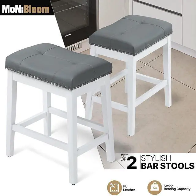 Alt view image 4 of 7 - Bar Stools Set of 2, 25" PU Leather Counter Height Stools with Footrest, Nailed Backless Saddle Barstools for Kitchen, Dining Room, Café, White Frame, Gray Seat