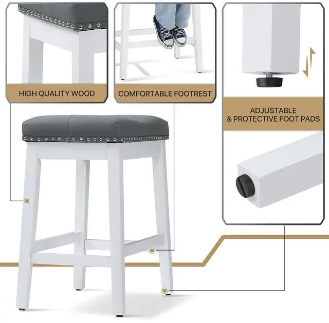Alt view image 5 of 7 - Bar Stools Set of 2, 25" PU Leather Counter Height Stools with Footrest, Nailed Backless Saddle Barstools for Kitchen, Dining Room, Café, White Frame, Gray Seat