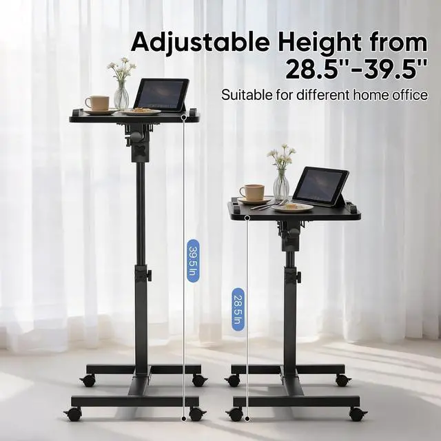 Alt view image 3 of 7 - Mobile Standing Desk, Tilting, Portable Height Adjustable Sit Stand Work Table Overbed Laptop Table Computer Cart with Wheels for Bed Couch Office, Black