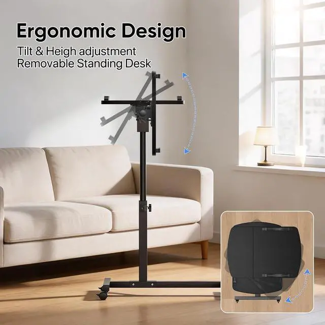 Alt view image 4 of 7 - Mobile Standing Desk, Tilting, Portable Height Adjustable Sit Stand Work Table Overbed Laptop Table Computer Cart with Wheels for Bed Couch Office, Black