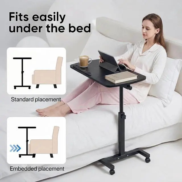 Alt view image 6 of 7 - Mobile Standing Desk, Tilting, Portable Height Adjustable Sit Stand Work Table Overbed Laptop Table Computer Cart with Wheels for Bed Couch Office, Black