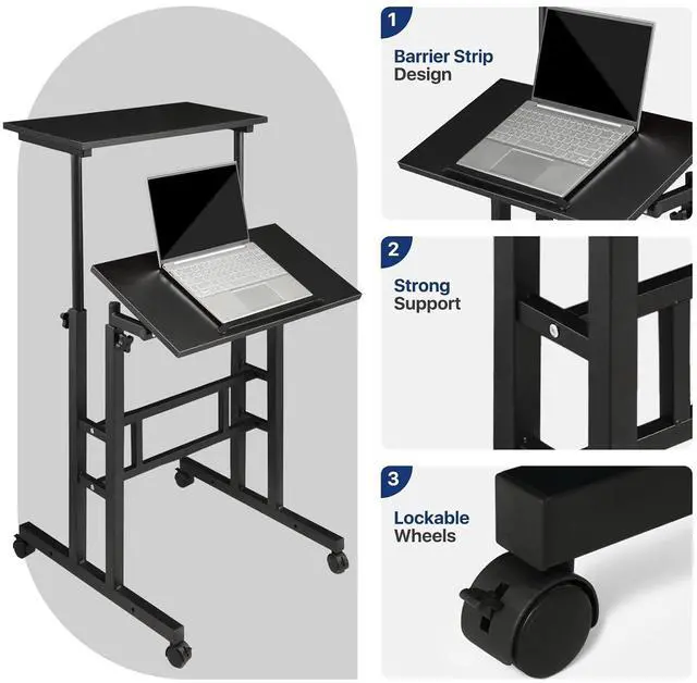 Alt view image 7 of 7 - Height Adjustable Rolling Laptop Stand Table, 28-46 in for Young and Adults, Tiltable Keyboard Tray and Locking Casters for Home and Office