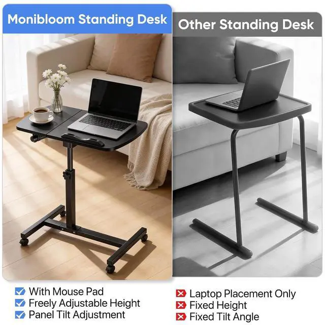 Alt view image 7 of 7 - Mobile Standing Desk, Tilting, Portable Height Adjustable Sit Stand Work Table Overbed Laptop Table Computer Cart with Wheels for Bed Couch Office, Black