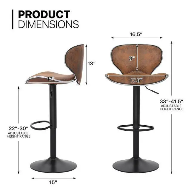 Alt view image 2 of 7 - Barstools Set of 2, Modern PU Leather Shell Back Bar Stools with Backrest and Footrest, Height-Adjustable Cozy Island Stool for Living Room Kitchen Dining Room, Retro Brown