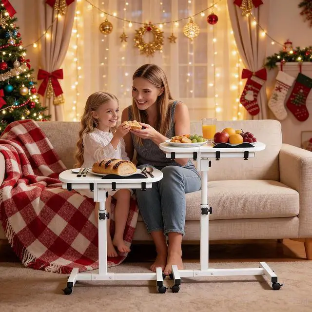 Alt view image 2 of 7 - Mobile Laptop Desk 75° Tiltable Height Adjustable Rolling Laptop Sofa Bed Side Table Couch Computer Desk Stand with Wheels for Home Office Classroom, White