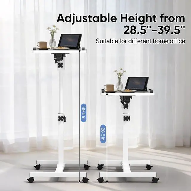 Alt view image 3 of 7 - Mobile Laptop Desk 75° Tiltable Height Adjustable Rolling Laptop Sofa Bed Side Table Couch Computer Desk Stand with Wheels for Home Office Classroom, White