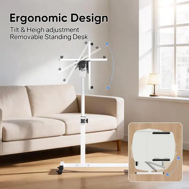 Alt view image 4 of 7 - Mobile Laptop Desk 75° Tiltable Height Adjustable Rolling Laptop Sofa Bed Side Table Couch Computer Desk Stand with Wheels for Home Office Classroom, White