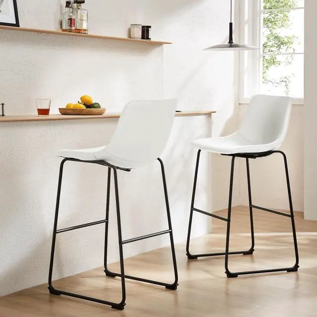 Main image of Counter Height Bar Stools Set of 2 Modern Kitchen Dining Chairs w/Metal Legs and Footrest, White