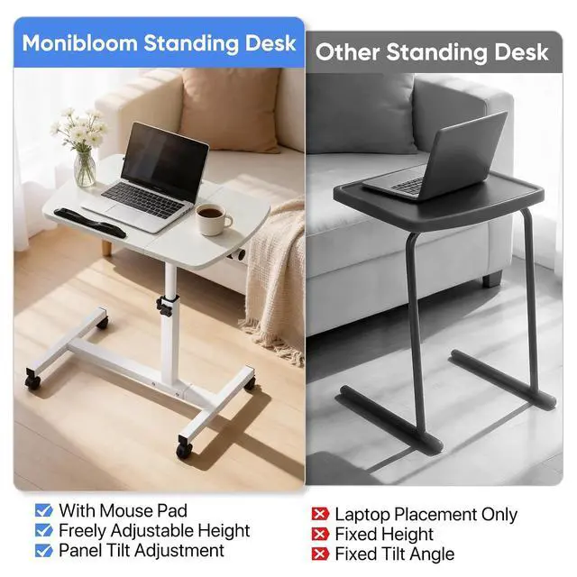 Alt view image 7 of 7 - Mobile Laptop Desk 75° Tiltable Height Adjustable Rolling Laptop Sofa Bed Side Table Couch Computer Desk Stand with Wheels for Home Office Classroom, White