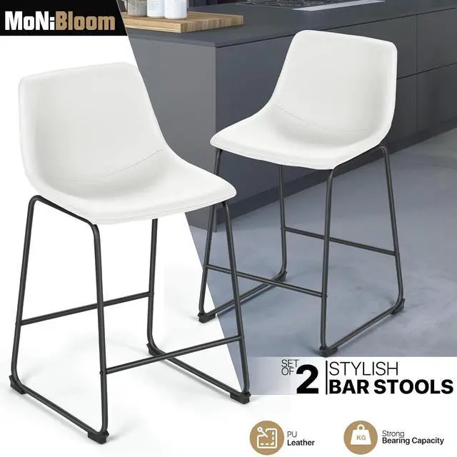 Alt view image 4 of 7 - Counter Height Bar Stools Set of 2 Modern Kitchen Dining Chairs w/Metal Legs and Footrest, White