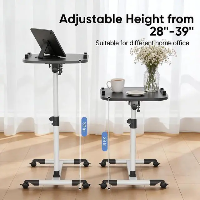Alt view image 3 of 7 - Mobile Laptop Desk 360° Rotatable Panel Adjustable Height Desk Rolling Cart Ergonomic Table with Wheels for Home Office School, Black