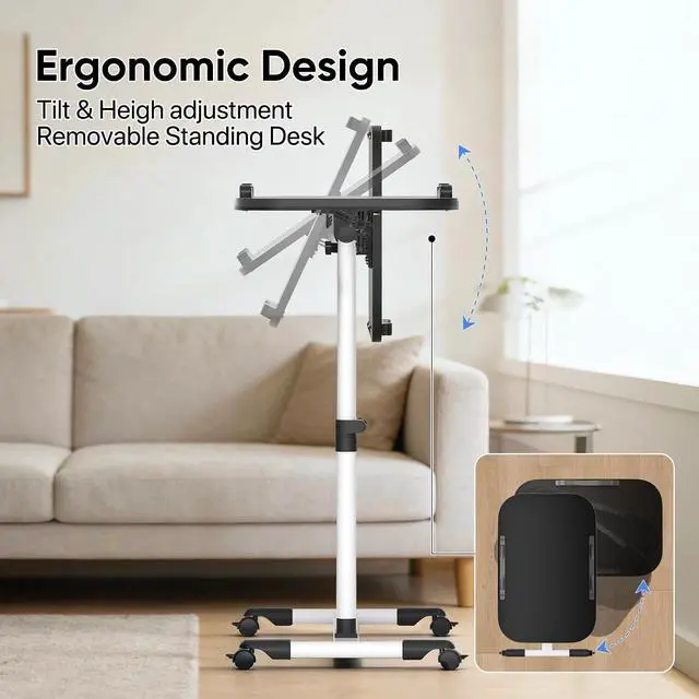 Alt view image 4 of 7 - Mobile Laptop Desk 360° Rotatable Panel Adjustable Height Desk Rolling Cart Ergonomic Table with Wheels for Home Office School, Black