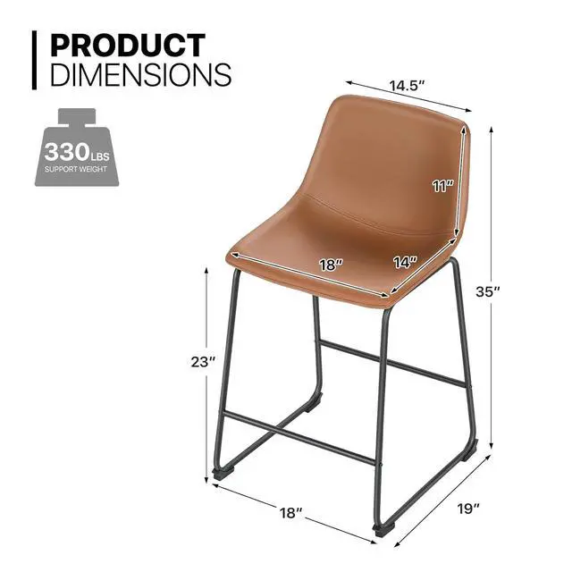 Alt view image 2 of 7 - Counter Height Bar Stools Set of 2 Modern Kitchen Dining Chairs w/Metal Legs and Footrest, Whisky Brown