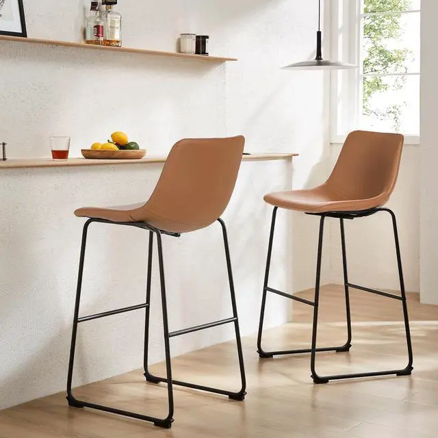 Main image of Counter Height Bar Stools Set of 2 Modern Kitchen Dining Chairs w/Metal Legs and Footrest, Whisky Brown