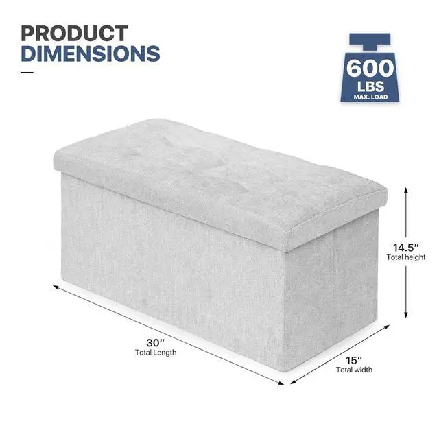 Alt view image 3 of 7 - 30 Inch Storage Ottoman Bench, Rectangle End of Bed Bench, Storage Padded Seat, Linen Fabric Ottoman Footrest for Living Room, Bedroom, Entryway, Light Gray