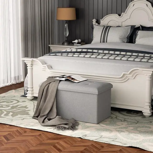 Alt view image 2 of 7 - 30 Inch Storage Ottoman Bench, Rectangle End of Bed Bench, Storage Padded Seat, Linen Fabric Ottoman Footrest for Living Room, Bedroom, Entryway, Light Gray