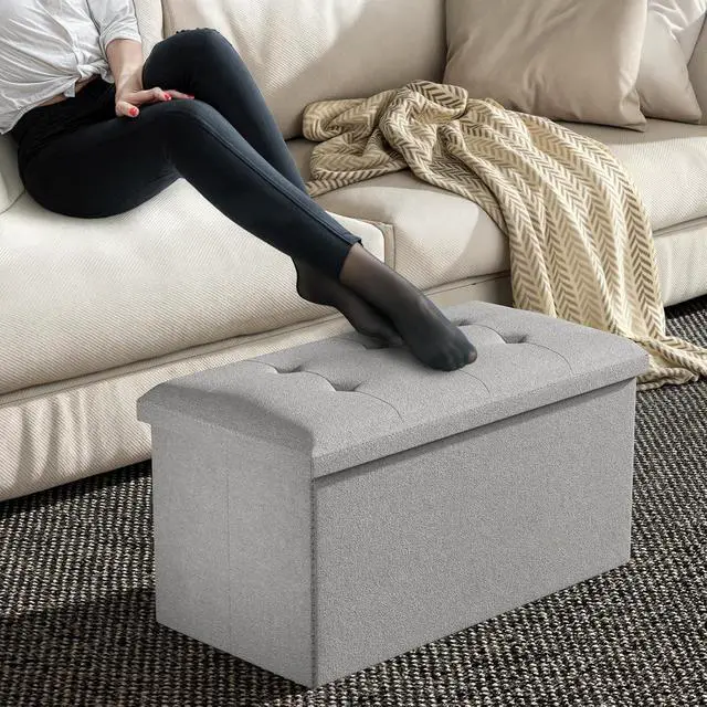 Alt view image 4 of 7 - 30 Inch Storage Ottoman Bench, Rectangle End of Bed Bench, Storage Padded Seat, Linen Fabric Ottoman Footrest for Living Room, Bedroom, Entryway, Light Gray