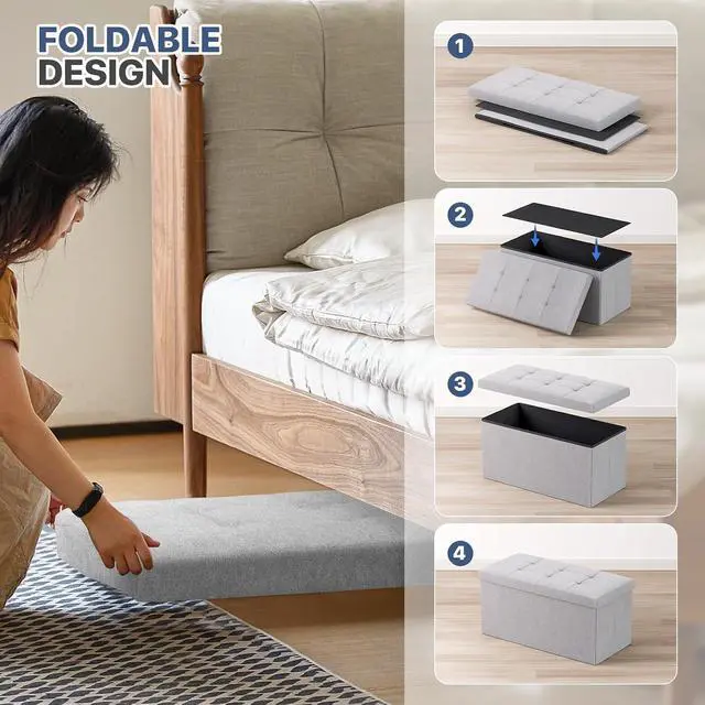 Alt view image 6 of 7 - 30 Inch Storage Ottoman Bench, Rectangle End of Bed Bench, Storage Padded Seat, Linen Fabric Ottoman Footrest for Living Room, Bedroom, Entryway, Light Gray