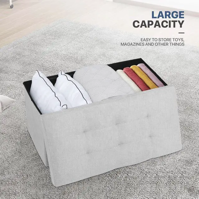 Alt view image 5 of 7 - 30 Inch Storage Ottoman Bench, Rectangle End of Bed Bench, Storage Padded Seat, Linen Fabric Ottoman Footrest for Living Room, Bedroom, Entryway, Light Gray