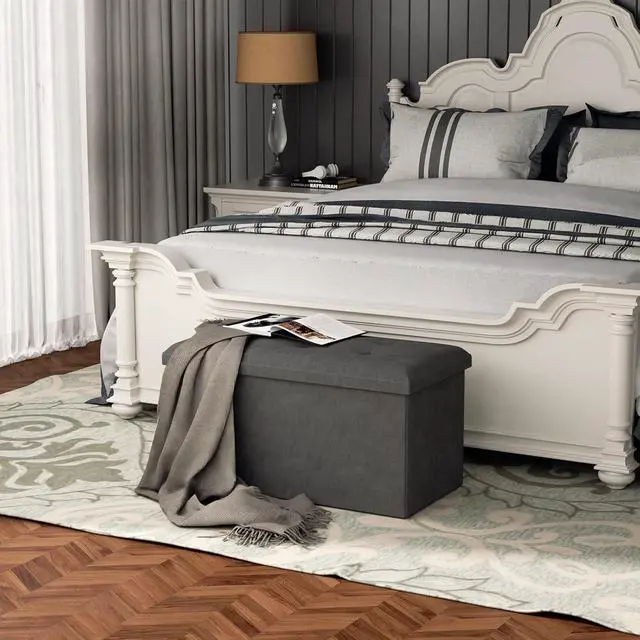 Alt view image 2 of 7 - 30 Inches Storage Ottoman Bench, Rectangle End of Bed Bench, Storage Padded Seat, Linen Fabric Ottoman Footrest for Living Room, Bedroom, Entryway, Dark Gray