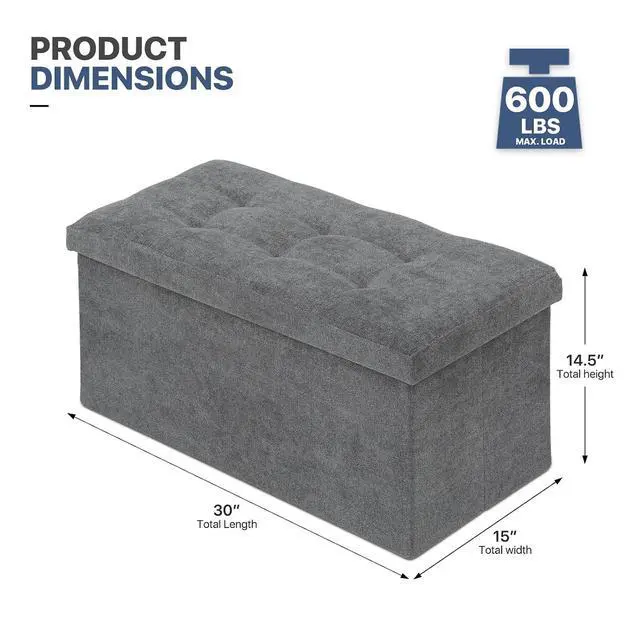 Alt view image 3 of 7 - 30 Inches Storage Ottoman Bench, Rectangle End of Bed Bench, Storage Padded Seat, Linen Fabric Ottoman Footrest for Living Room, Bedroom, Entryway, Dark Gray