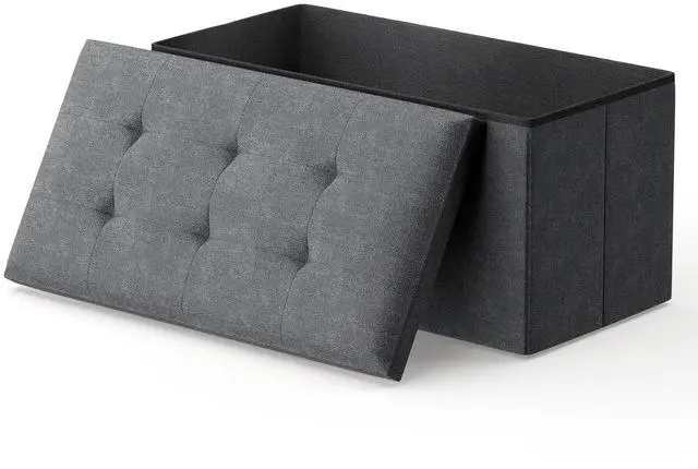 Main image of 30 Inches Storage Ottoman Bench, Rectangle End of Bed Bench, Storage Padded Seat, Linen Fabric Ottoman Footrest for Living Room, Bedroom, Entryway, Dark Gray